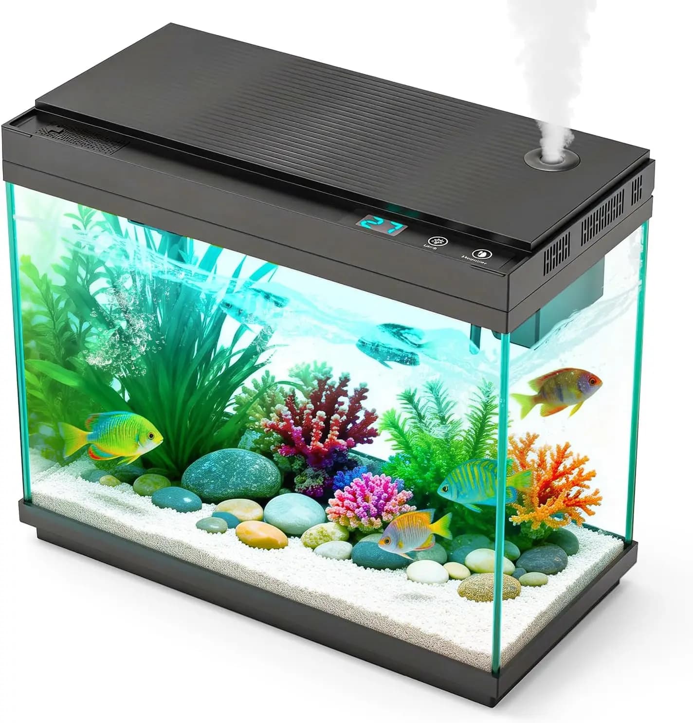 Smart 2.4 Gal Aquarium Kit: Silent Pump, Temp Display, RGB Lights, Humidifier, Easy Setup for Home Office Decor