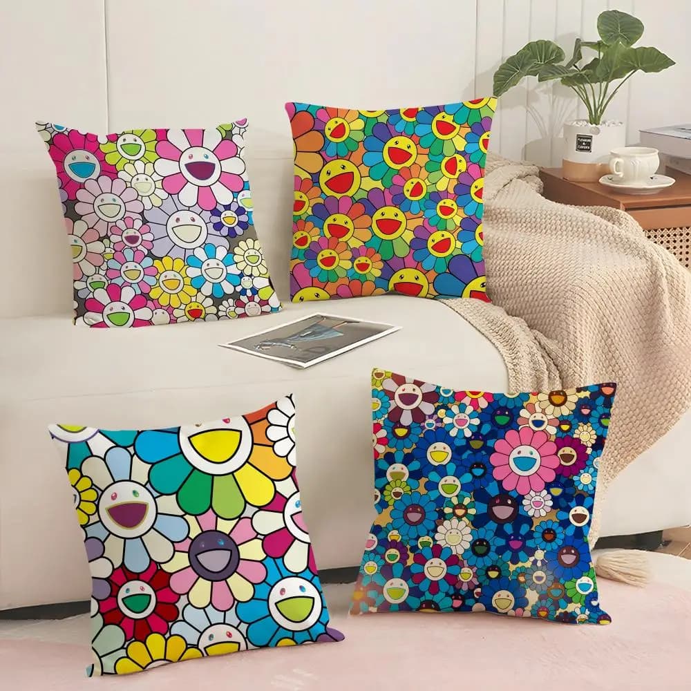 Art T-Takashi M-Murakami Cushion Cover Silky Short Plush Invisible Zipper Dustproof Sofa Pillow Case for Home Decor