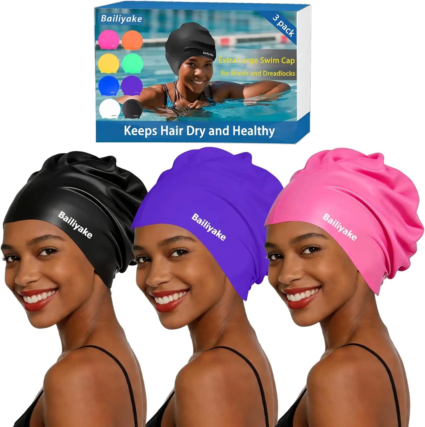 Confezione da 3 Cuffie da Nuoto Extra Large per Trecce e Dreadlock - Cuffia da Nuoto in Silicone per Donne con Capelli Lunghi e Spessi, Protettiva per il Nuoto