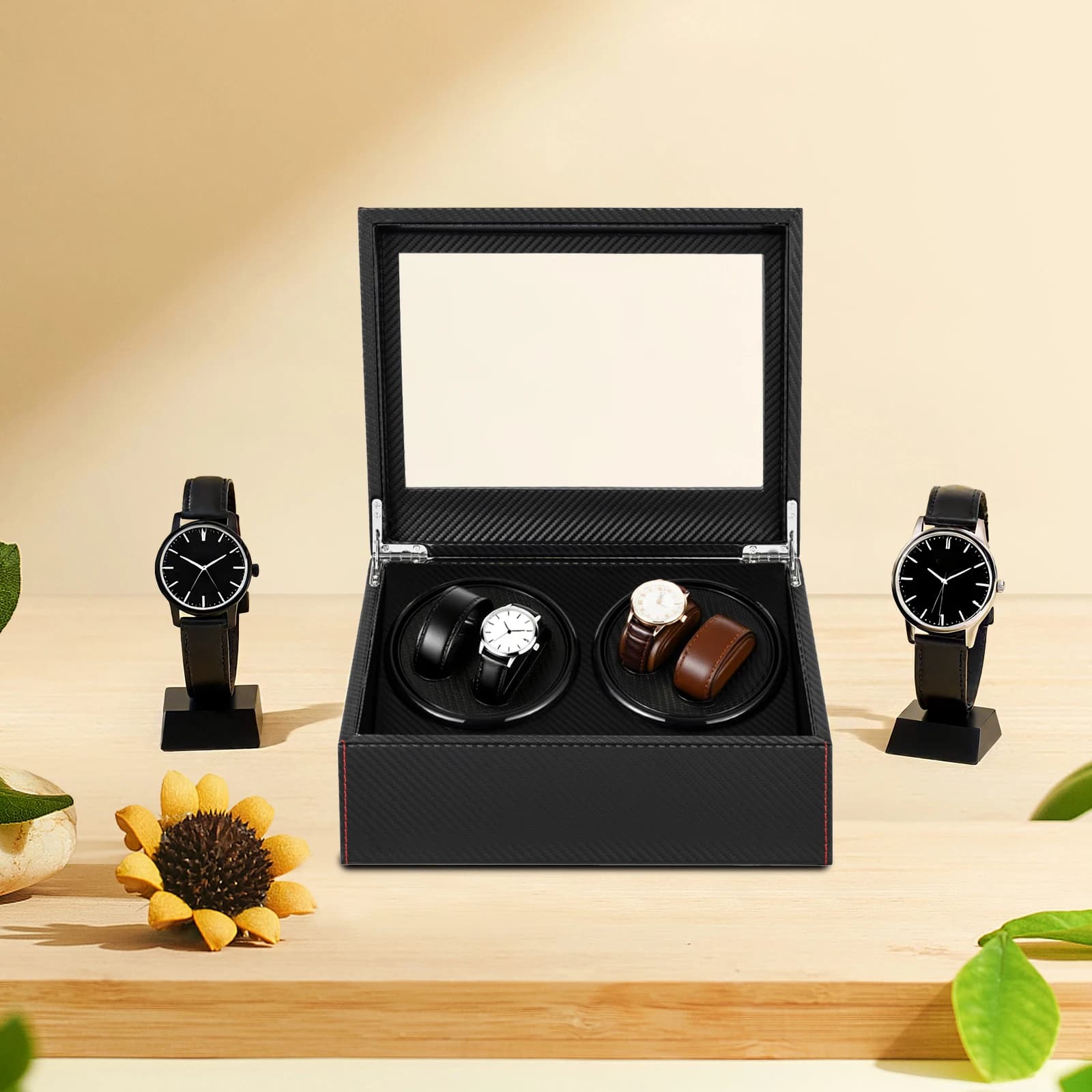4+6 Watch Winder, Luxury Automatic 2 Motor Watch Winder PU Leather Display Case Storage, Super Quiet fits for Lady and Men