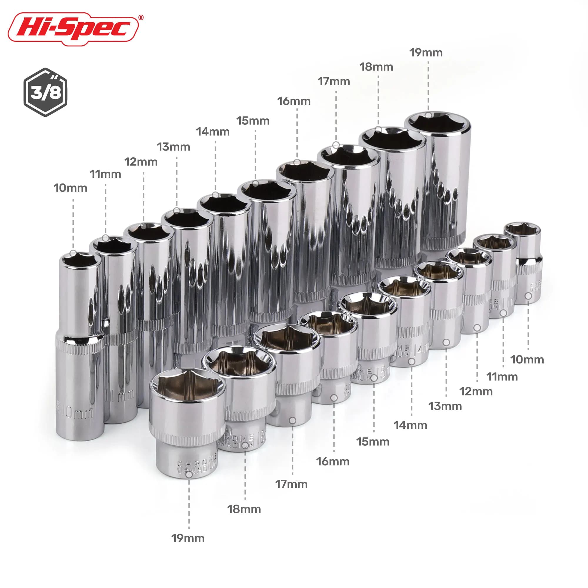 Hi-Spec Set di bussole lunghe profonde da 3/8 pollici CRV 10-19mm Adattatore per presa profonda per chiave a bussola a cricchetto di coppia Strumento manuale di riparazione
