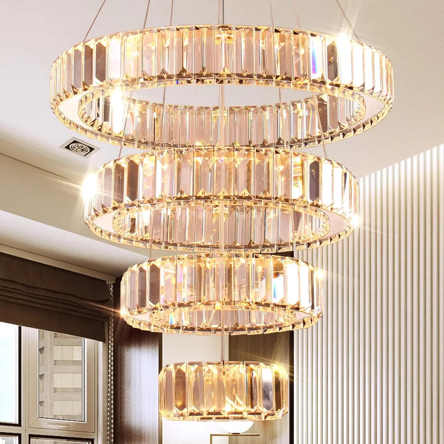 4 rings LED chandelier for dining room, modern pendant lamp in crystal High ceiling lamp for living room bedroom