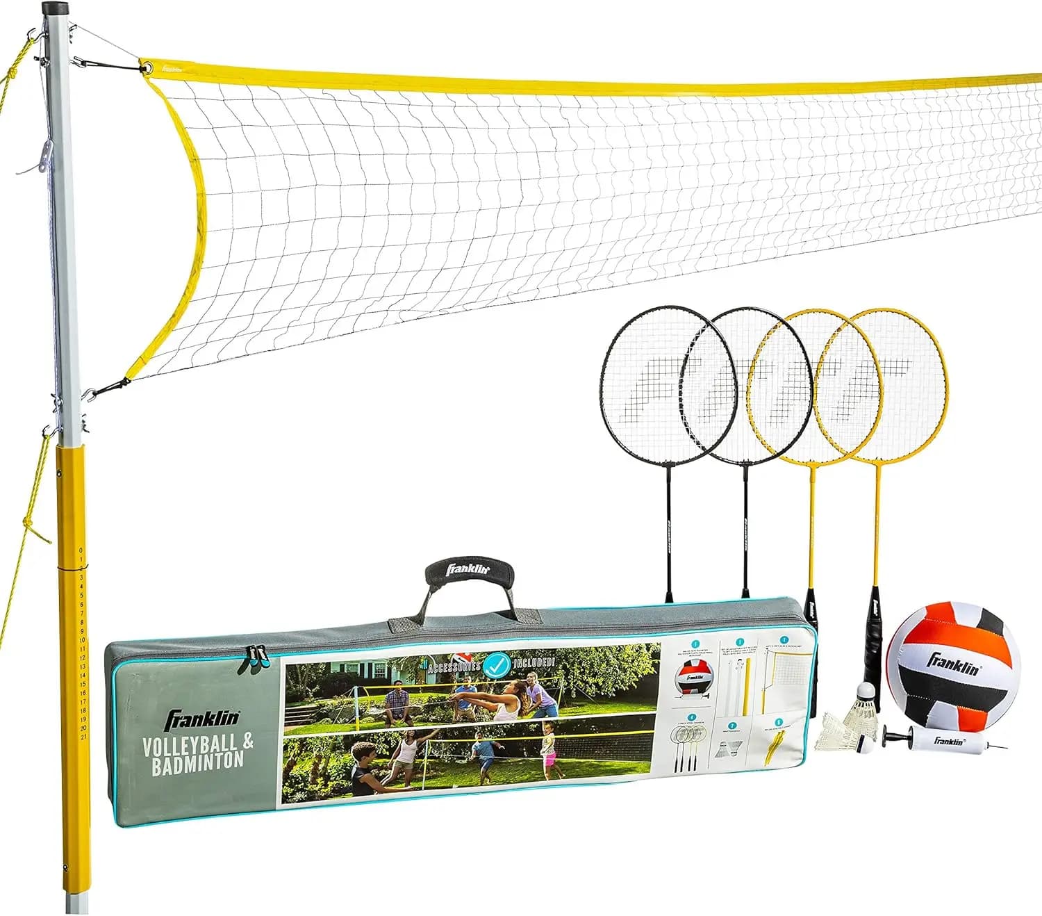 Portable combo set of volleyball and badminton with net, rackets, balls and carrying case for outdoor family fun