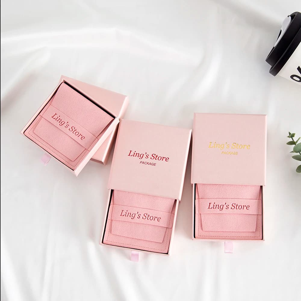 Borsa per gioielli con logo personalizzato 8x8 cm e scatola di carta con cassetto personalizzato rosa 9x9x2,5 cm Stampa per orecchini Confezione regalo Bomboniere