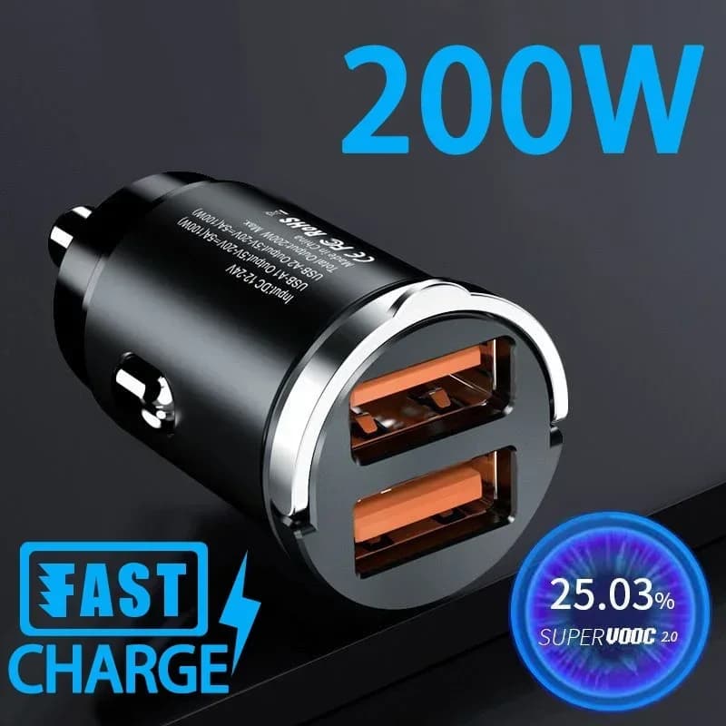 Mini caricabatterie per auto da 100/200 W, ricarica super veloce, doppio USB, presa portatile di tipo C da uno a due, accessori universali per autoveicoli