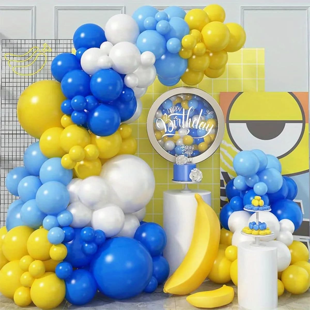 105 pezzi, palloncini bianchi, palloncini per feste in lattice giallo azzurro, utilizzati per l'anniversario, il matrimonio, la decorazione della festa di laurea