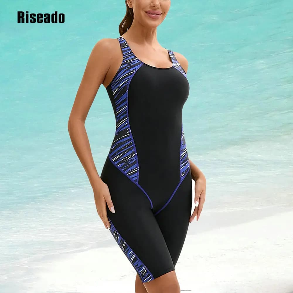 Riseado Womens Knee Length Boyleg One Piece Swimsuit Athletic Swimming Racerback Modest Sport Bathing Suit
