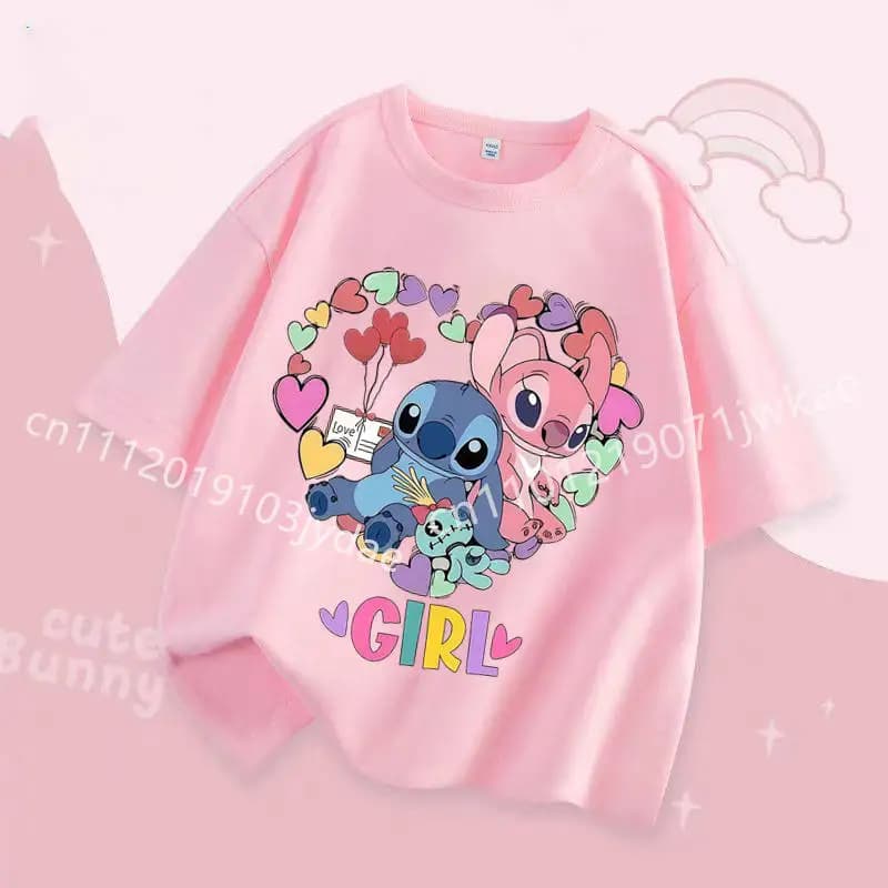 T-shirt per bambini Stitch con stampa di simpatici cartoni animati, a maniche corte, alla moda, casual, con scollo rotondo, per ragazzi e ragazze, top per tutti i giorni