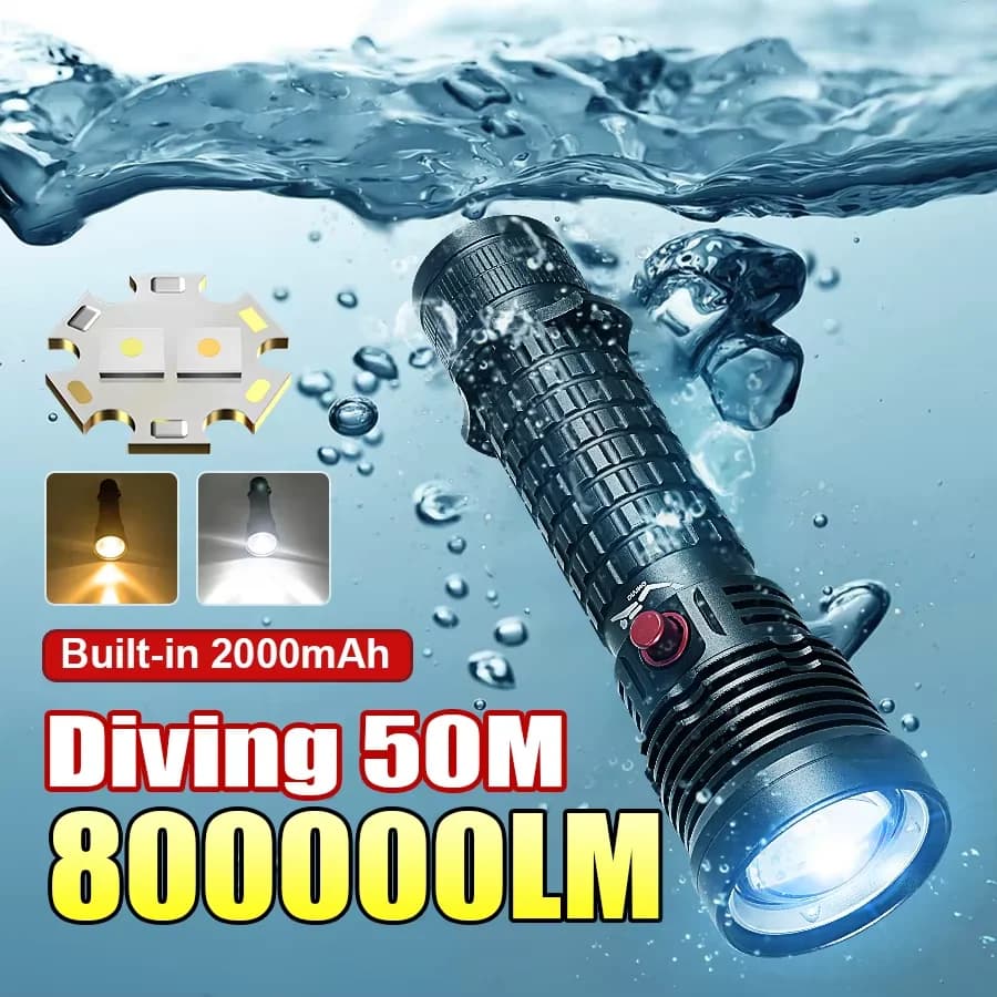 2026 Upgraded Diving Flashlight Yellow and White Light Diving 50 Meters Professional Scuba Lamp Underwater Lantern Searchlight