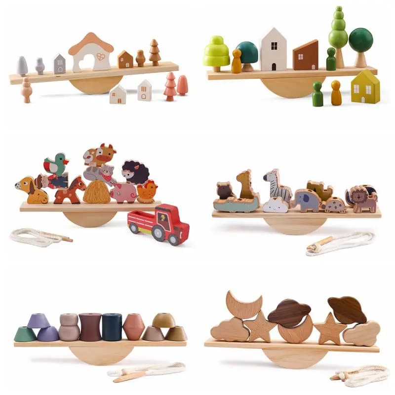 Tavola di equilibrio per animali in legno per bambini Giocattoli per infilare altalena in legno Giocattoli impilabili Blocchi Giochi da tavolo Regali educativi per bambini Montessori