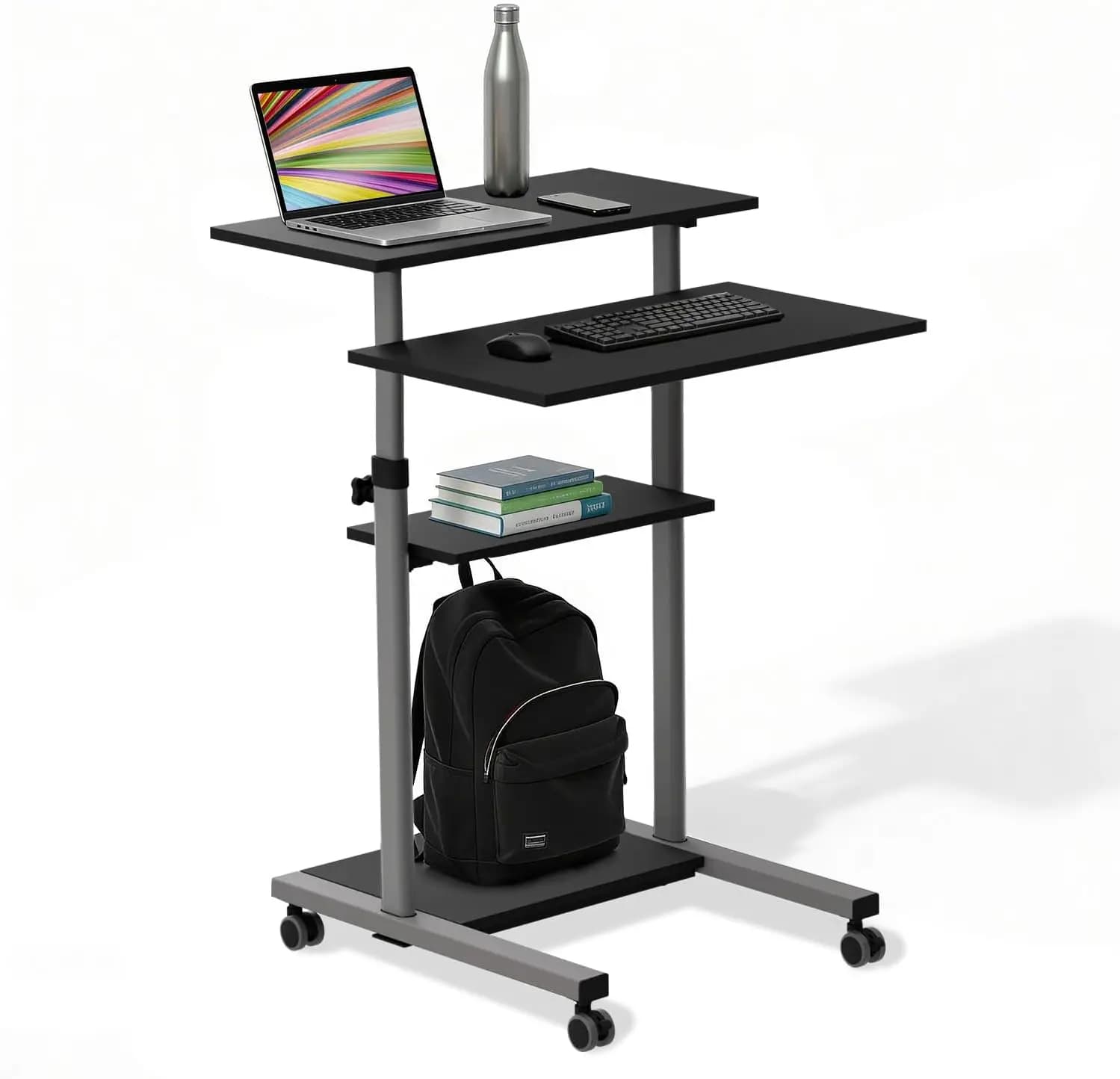 Scrivania mobile regolabile in altezza con ruote bloccabili, postazione di lavoro per laptop, larghezza 275 pollici, altezza fino a 547 pollici.