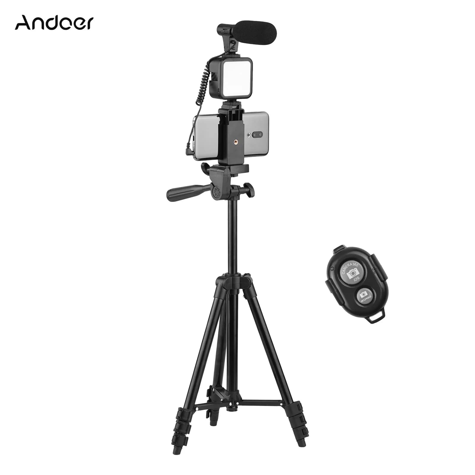Andoer KIT-05LM Tripod Smartphone Vlog Video Kit with support for phone microphone LED Video Light remote shutter for phone camera