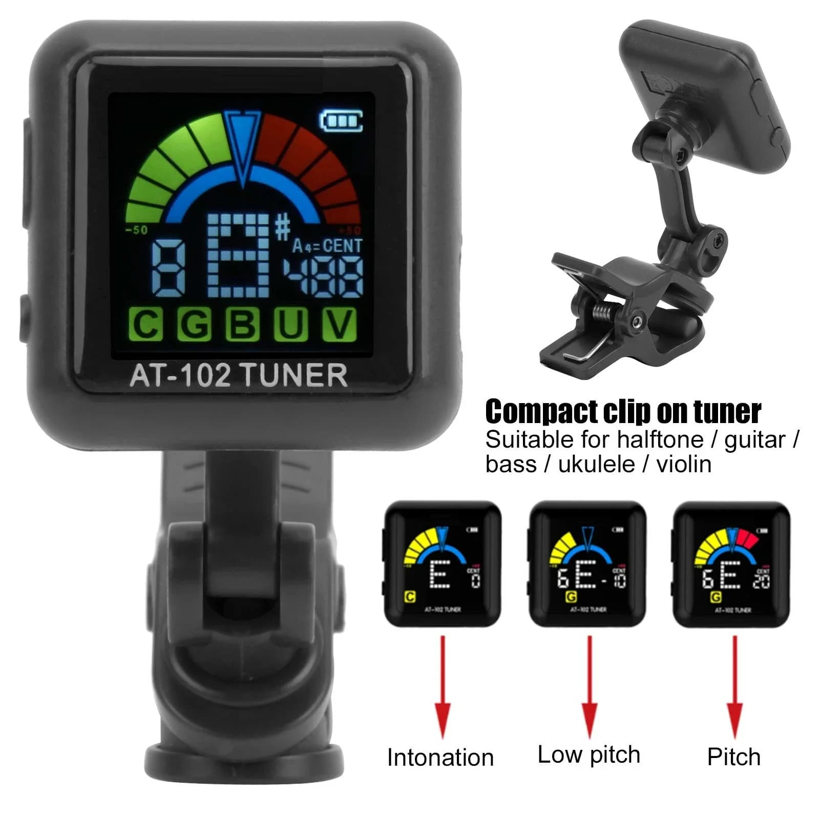 AT‑102 Guitar Tuner, Guitar Clip‑on Tuner USB Rechargeable Built‑in Battery for Bass Violin Ukulele Tuner Black