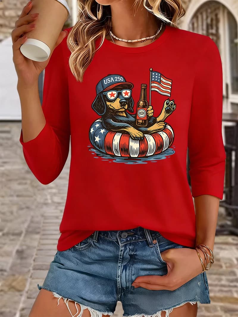 T-shirt estiva da donna con scollo rotondo e maniche a 3/4, stampa cane con bandiera USA e birra, top casual per il 250° anniversario degli Stati Uniti