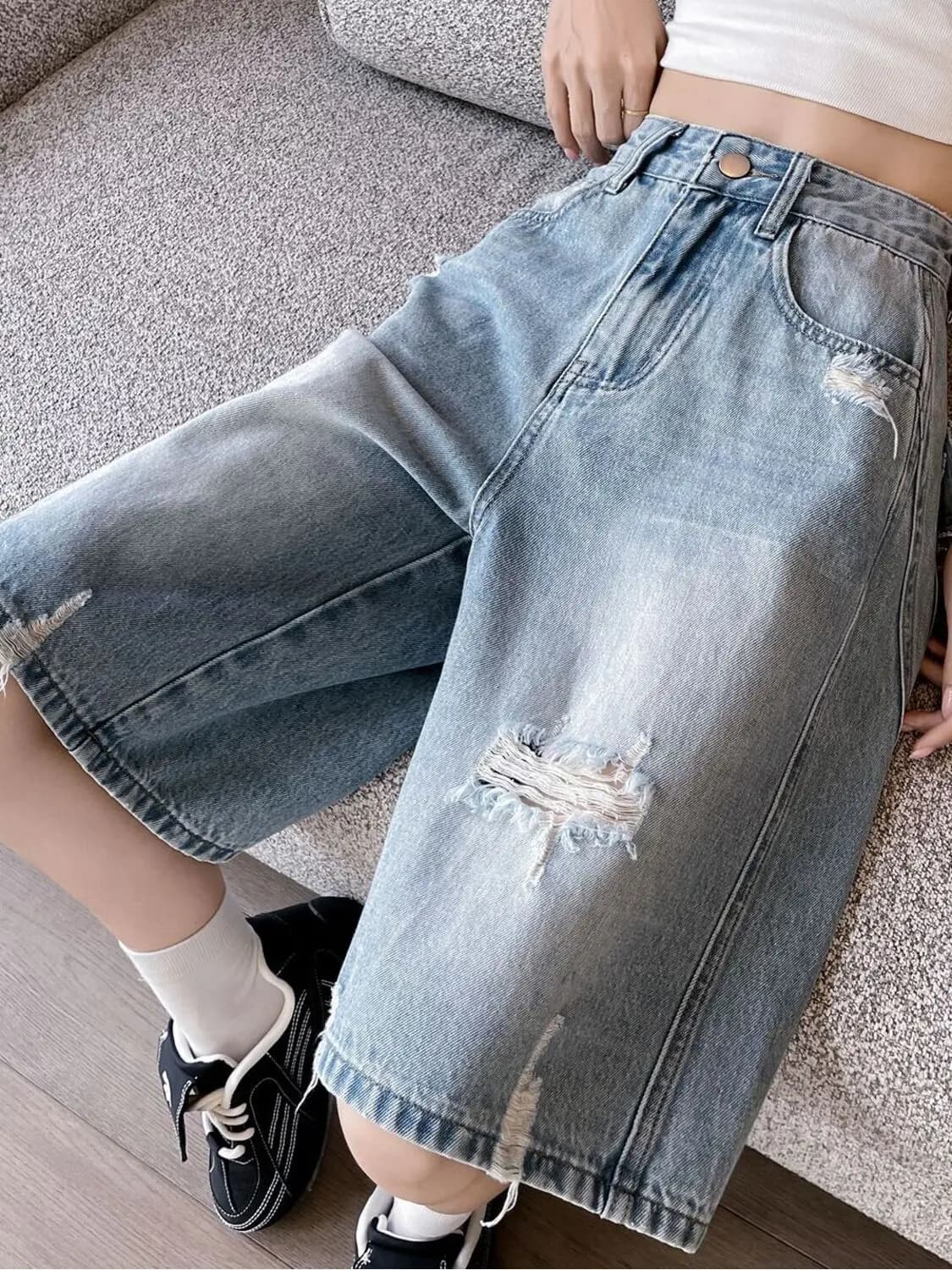 Women High Waist Distressed Denim Bermuda Shorts Wide Leg Ripped Jean Shorts Vintage Wash Casual Summer Y2K Streetwear Cotton