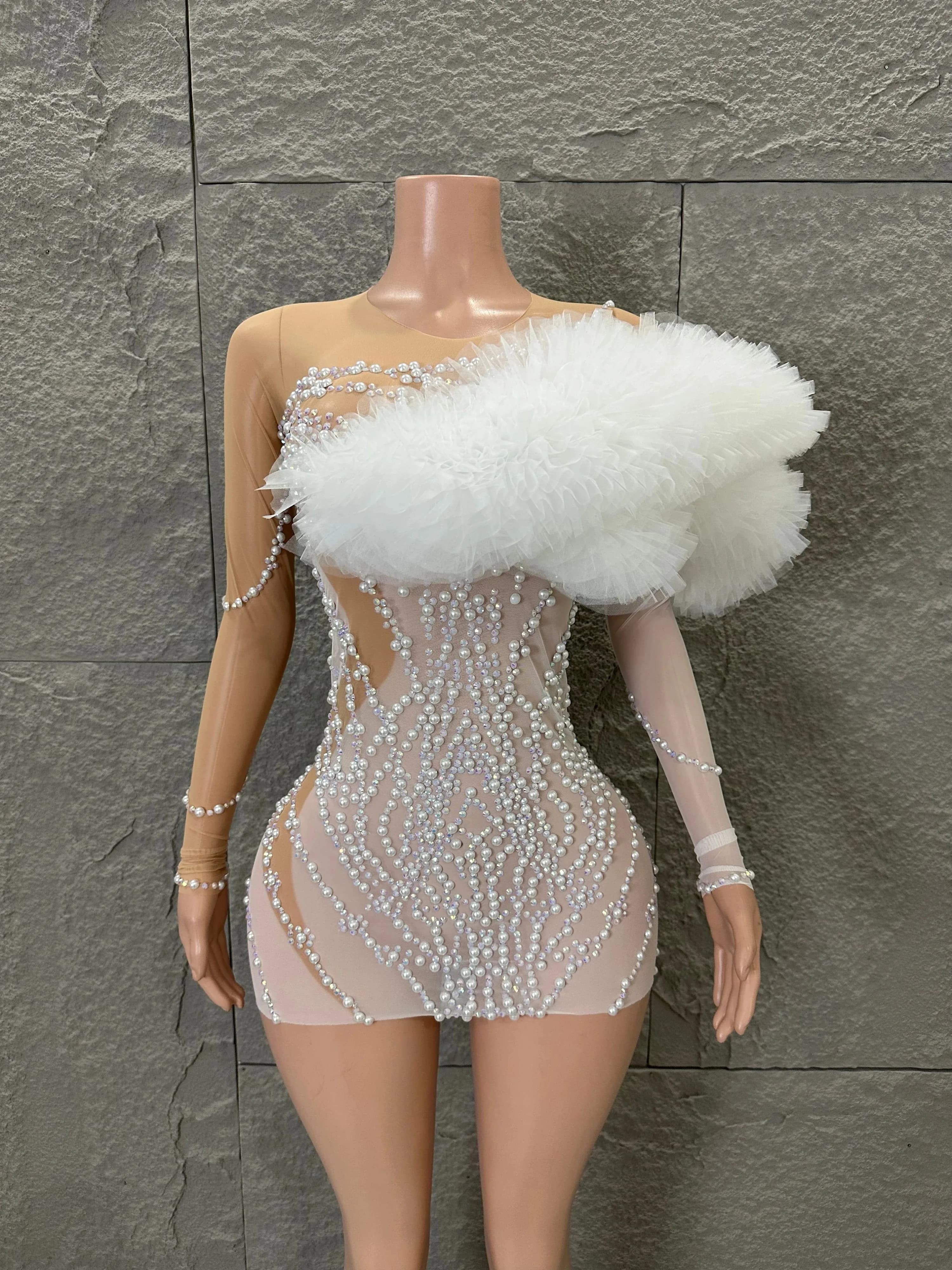 Luxurious Pearl Rhinestone Glamorous Refined White Sheer Mesh Dress Evening Party Bodycon Evening Gala Stage Performance Outfit