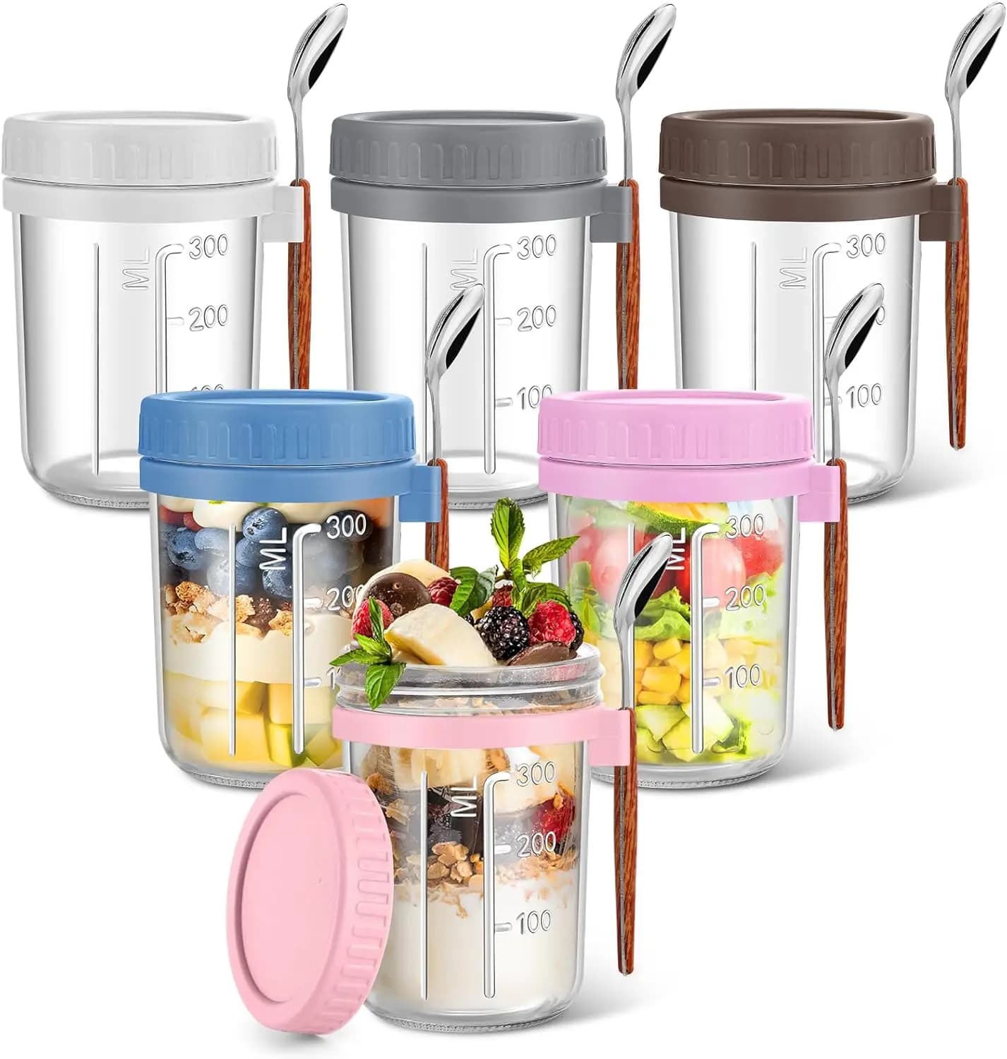 Overnight Oats Jars 16 oz with Lids & Spoons – 6 Pack Glass Mason Jars Airtight Meal Prep Containers for Yogurt, Cereal, Fruit –