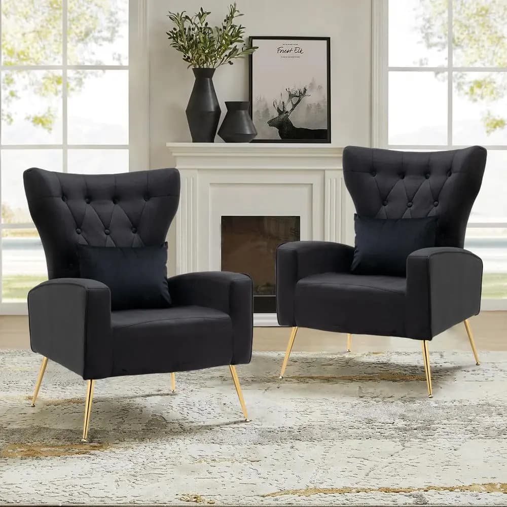 Set di 2 Poltrone in Velluto Stile Mid-Century con Schienale Alto e Cuscino Lombare per Soggiorno o Camera da Letto, Trapuntate, Finitura Oro