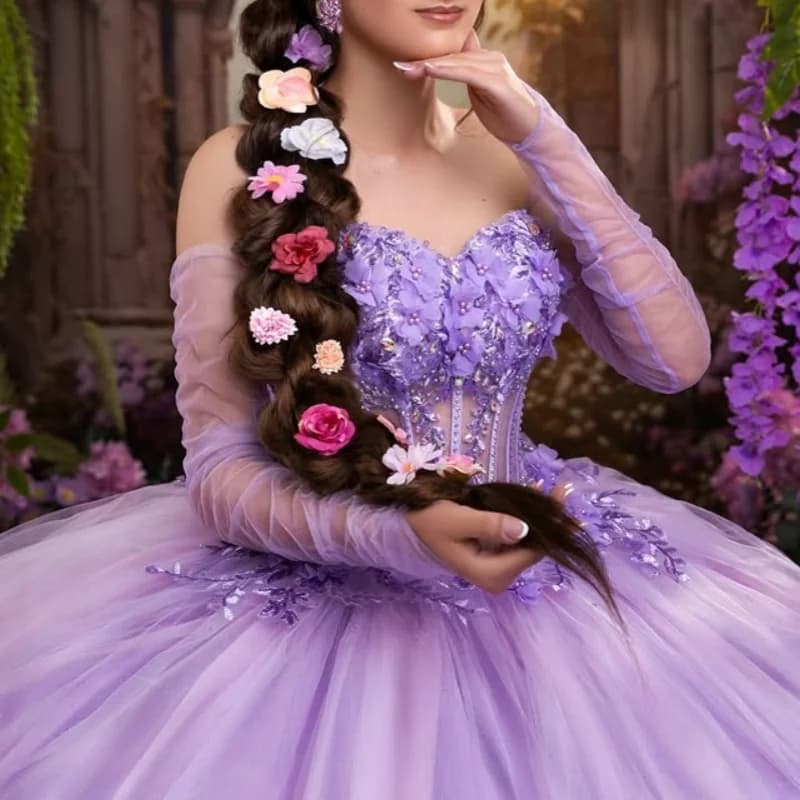 Abito Quinceanera viola lavanda glitter di cristallo fiore 3D decalcomania coda lunga abiti da 15 Quinceanera Personalizza