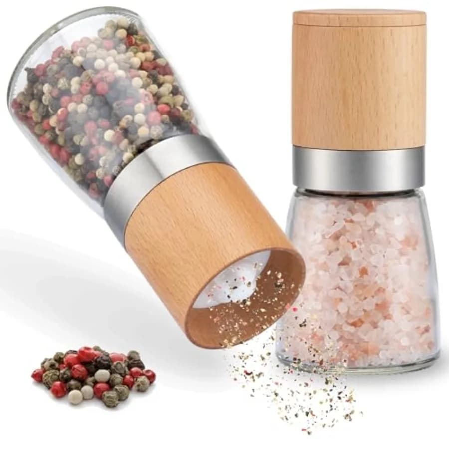 Set Macinapepe e Macinasale in Legno Naturale con Meccanismo in Ceramica - Elegante Macina Peperoncino per Piano Cucina, Design Bianco e Nero
