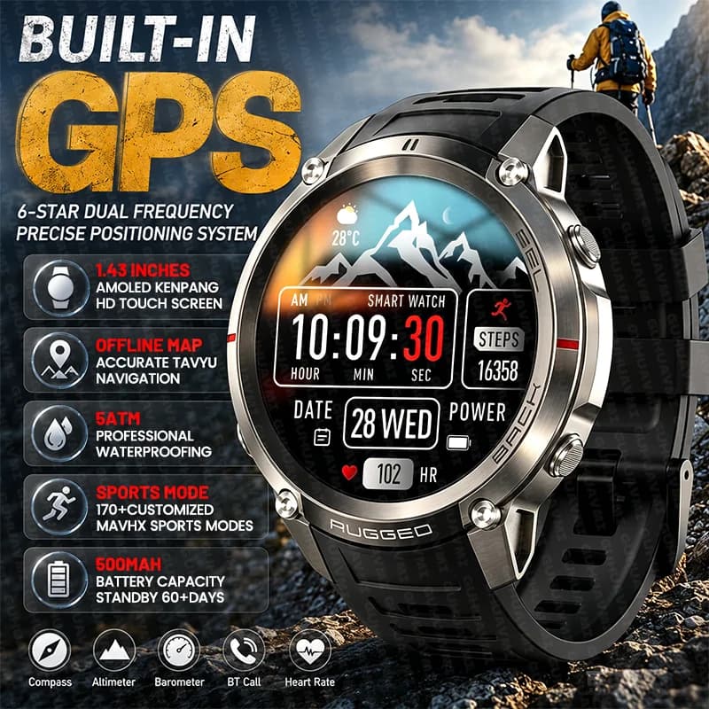 New Outdoor Built-in GPS Men Sports Smart Watch Compass Altimeter Heart Rate 5ATM Waterproof Bluetooth Call AMOLED HD Smartwatch