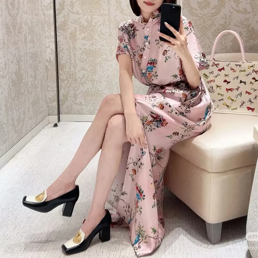 2026 New Summer Luxury 100% Silk Floral Print Long Dress Women Stand Short Sleeve High Waist Belt Elegant Fashion Sweet Dresses