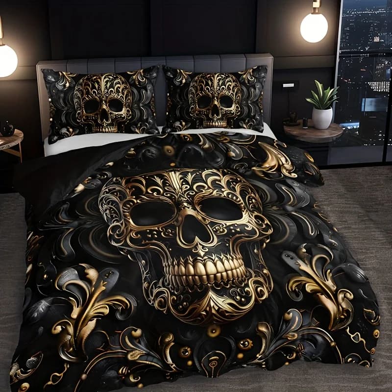 Metallic Skull Duvet Cover Set Black Golden Gothic Skull Design Breathable Machine Washable Comfort for Home