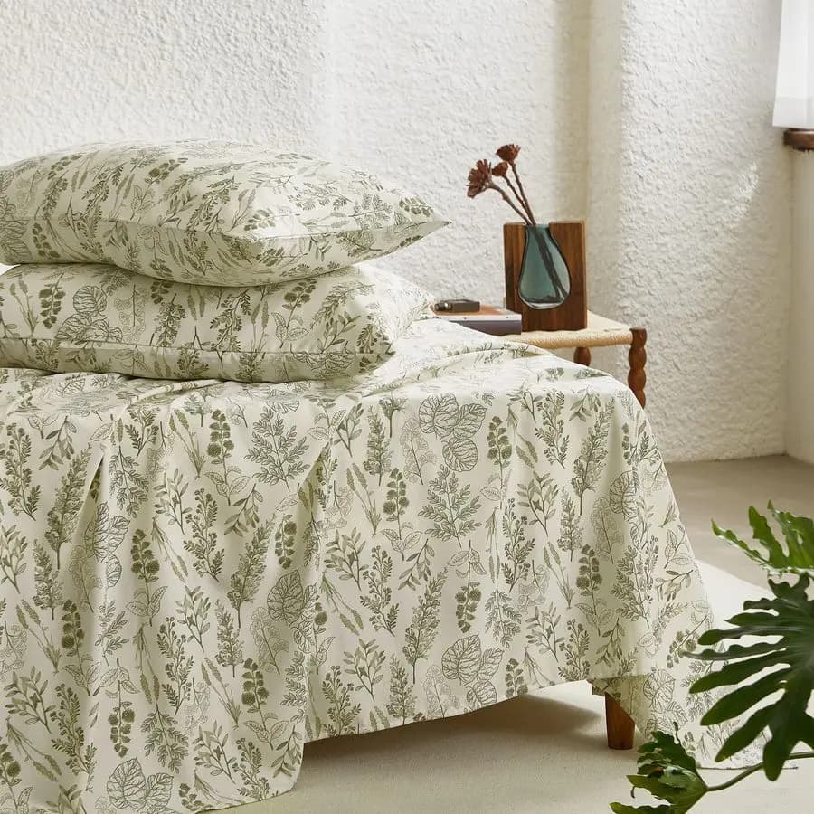 Lenzuola Botaniche, Set di 4 Pezzi, Motivo Floreale Shabby Chic con Foglie, Stampa Coquette Vintage, Estetica Vintage, Tasche Profonde