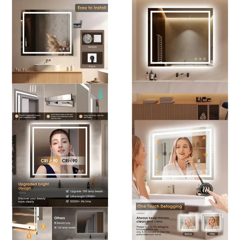 Specchio da bagno illuminato a LED, 40x36 pollici, specchio da parete con funzione antiappannamento, controllo touch, funzione memoria, dimmerabile