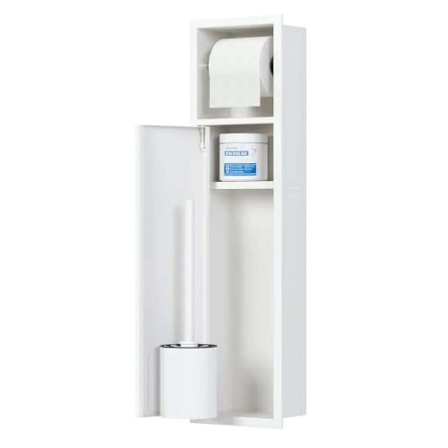 Portascopino da Toilette Incassato in Acciaio Inox SUS304 Antiruggine, Armadietto Portascopino da Parete per Bagno, Bianco Opaco, 4 Scomparti