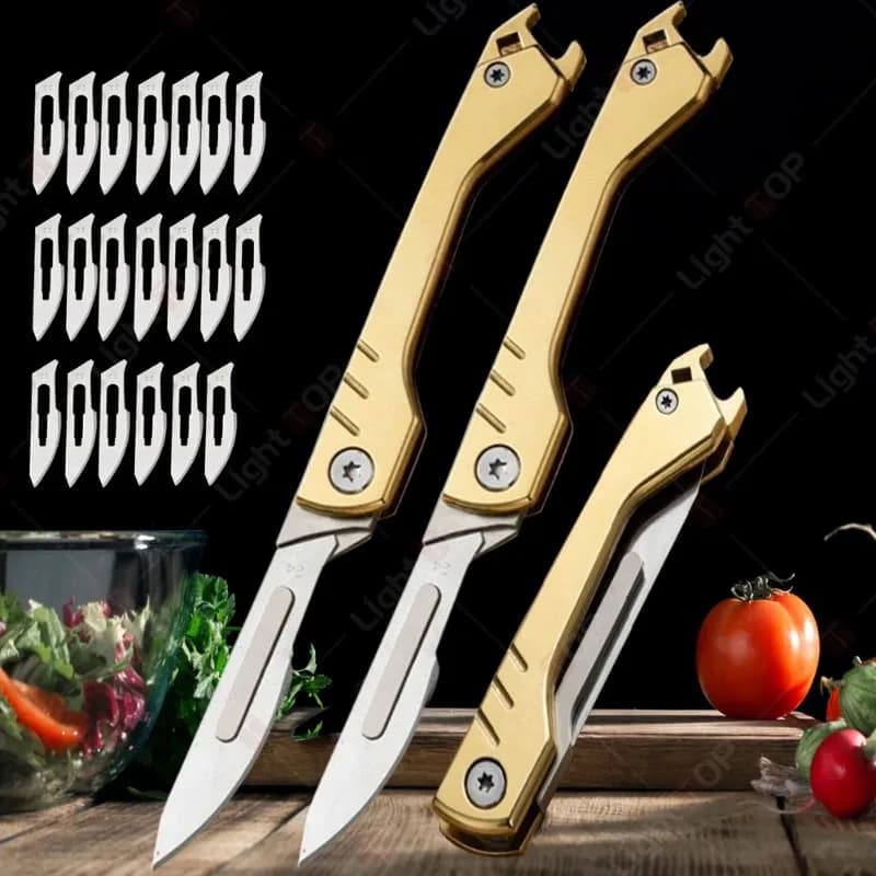 Stainless steel folding knife with replaceable blades, mini portable multipurpose knife, sharp kitchen knife, kitchen accessories