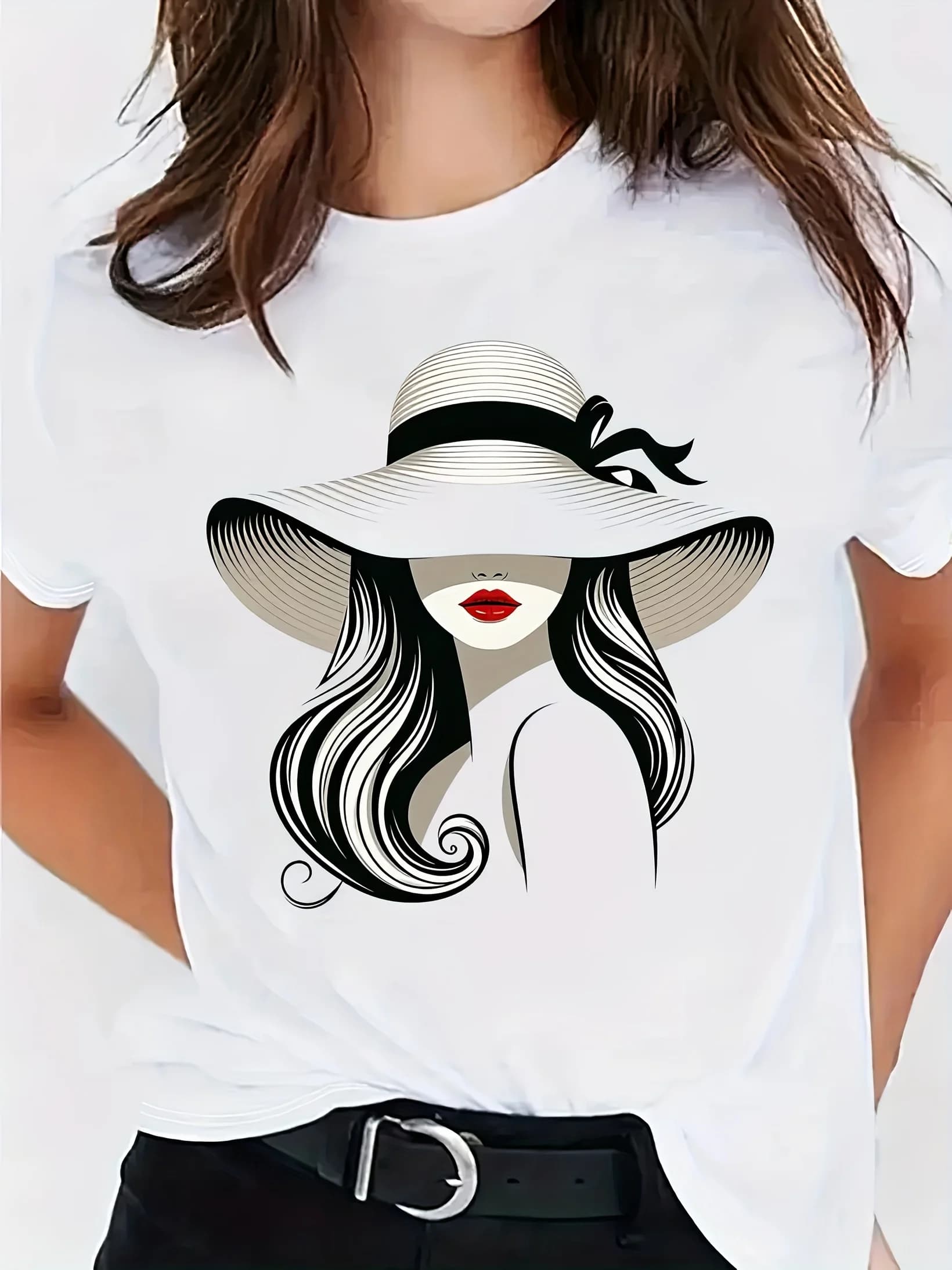 T-shirt da donna chic con stampa grafica con viso e cappello a tesa larga - Top casual girocollo a maniche corte morbido e traspirante per
