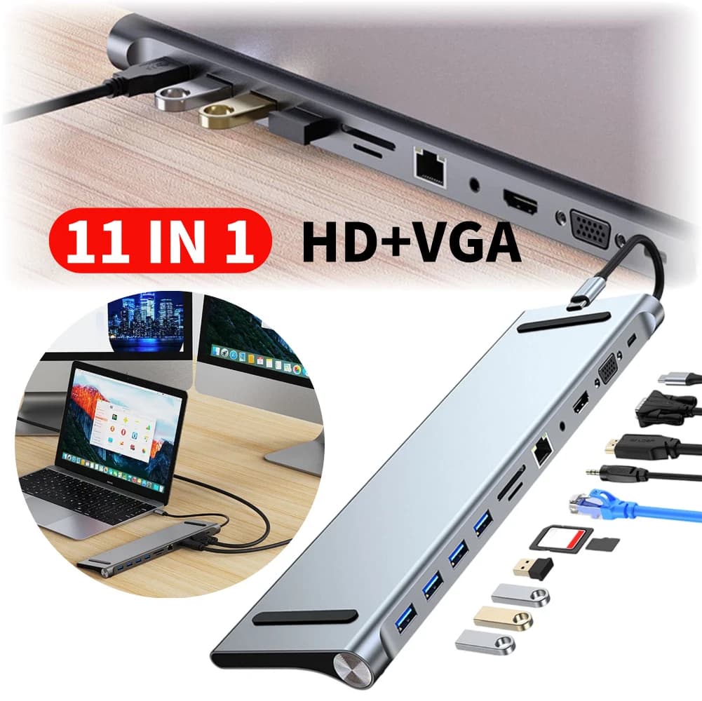 Docking station USB C 11 in 1 Dock audio USB C da 100 W PD SD/TF 1 * USB 3.0 3 * USB2.0 per MacBook Pro/Air Dell HP Surface Lenovo ASUS