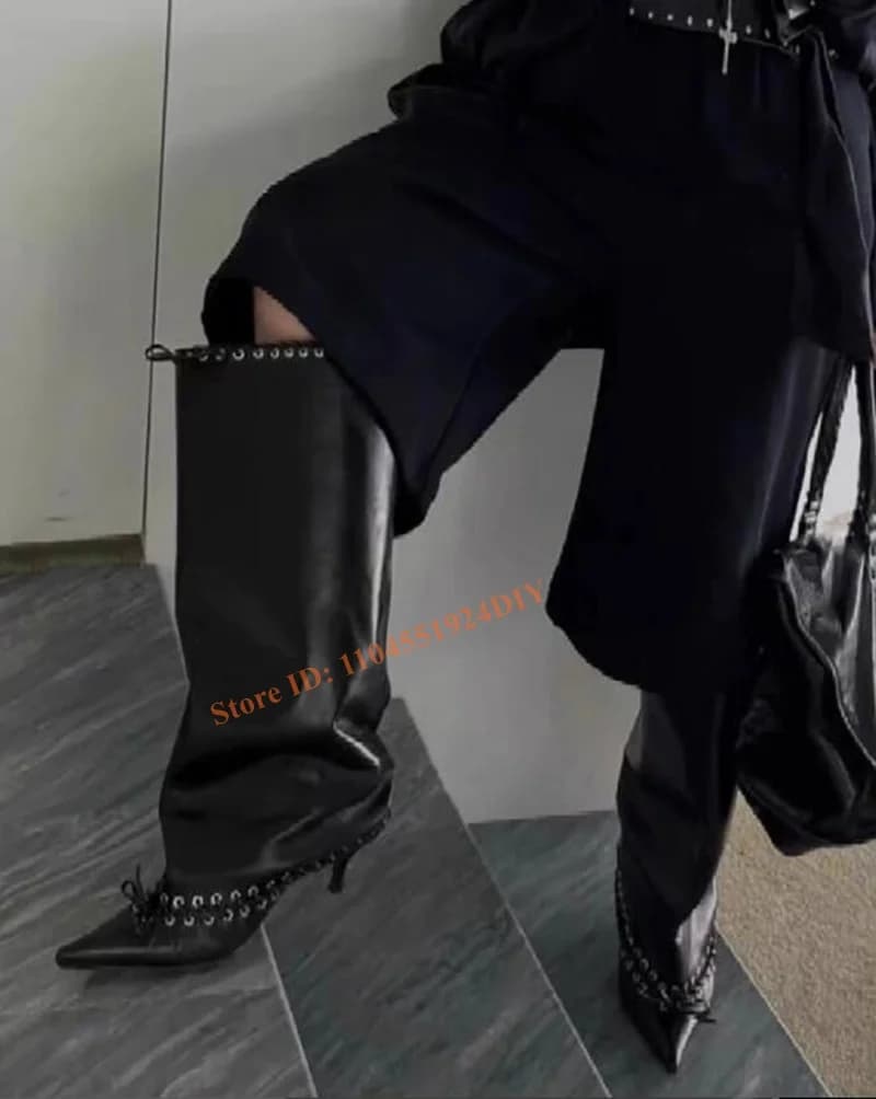 Stivali da donna con tacco a forma di gatto con cinturino e punta a punta con tubo da gladiatore Stivali con tacco alto al ginocchio con fiocco incrociato sexy Scarpe slip-on