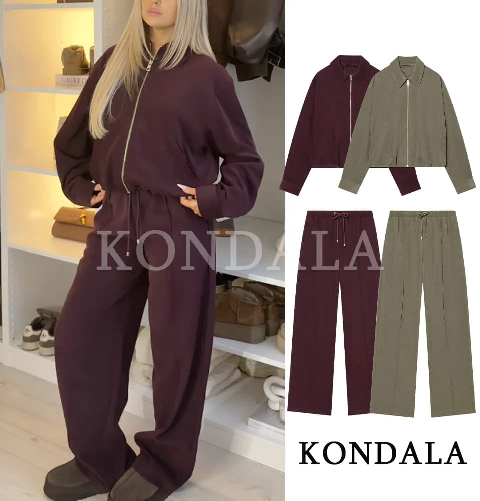 KONDALA Set di pantaloni casual alla moda da donna elegante High Street giacca con cerniera con risvolto allentato, pantaloni con coulisse 2026 Set per le vacanze primaverili
