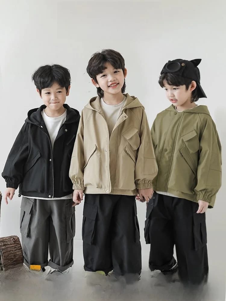 Giacca antivento per bambini YOEHYAUL con cappuccio e tasche, in tessuto misto cotone, nuovo stile primavera autunno, top casual per ragazzi