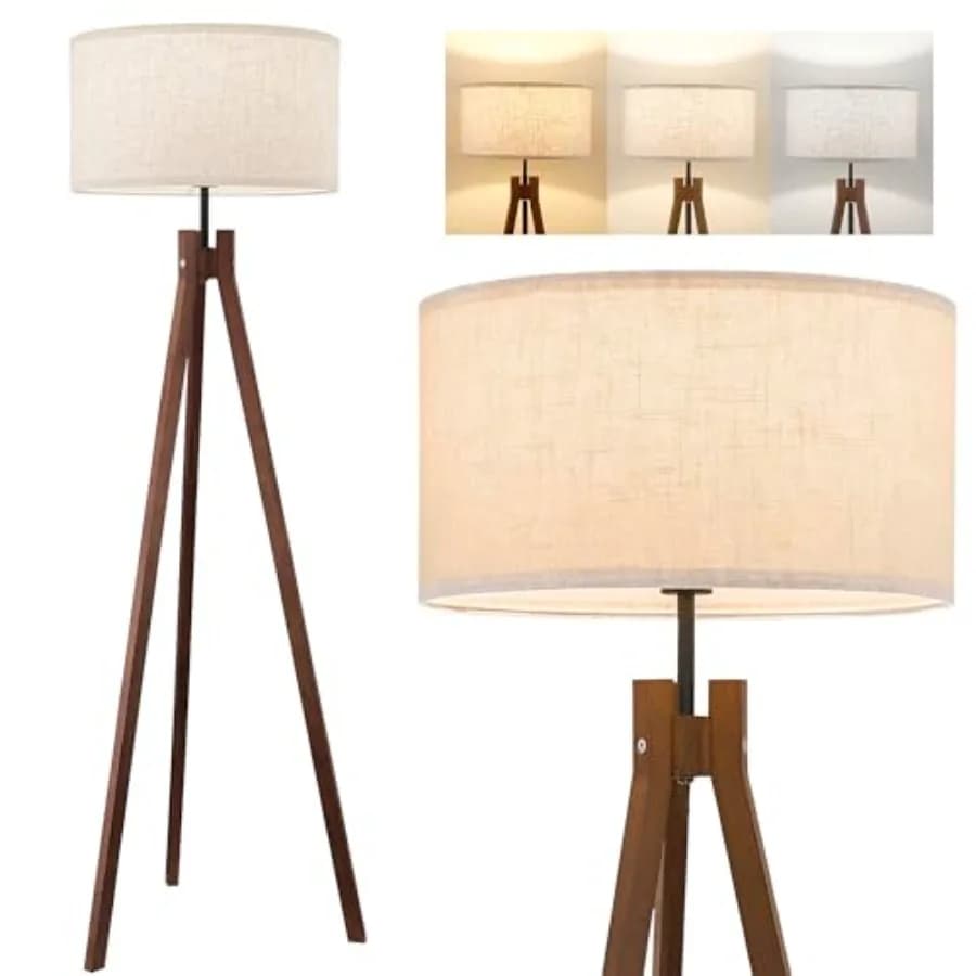 Lampada da Terra a Treppiede in Legno, Lampada da Lettura Stile Mid-Century con 3 Temperature di Colore e Paralume in Lino, Luce Notturna Moderna per il Letto
