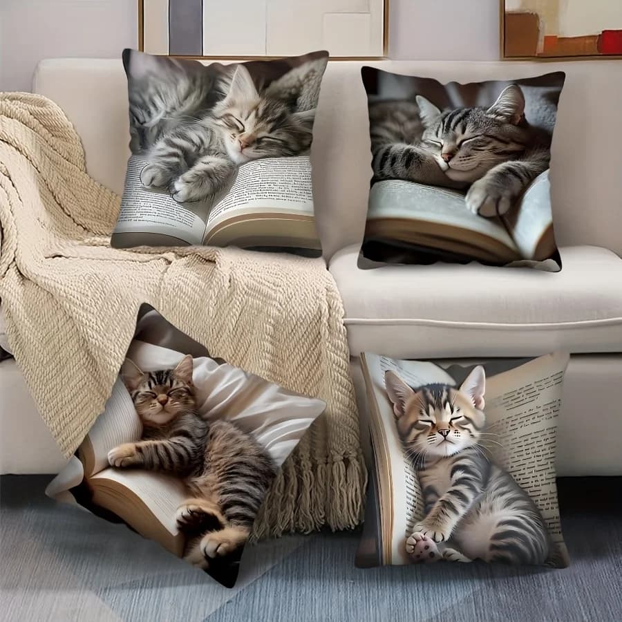 Contemporary Dozing Kitten Square Pillow Cover Cute Cat Sleeping on Open Book Pillowcase Decorative Cushion Case Home Decor