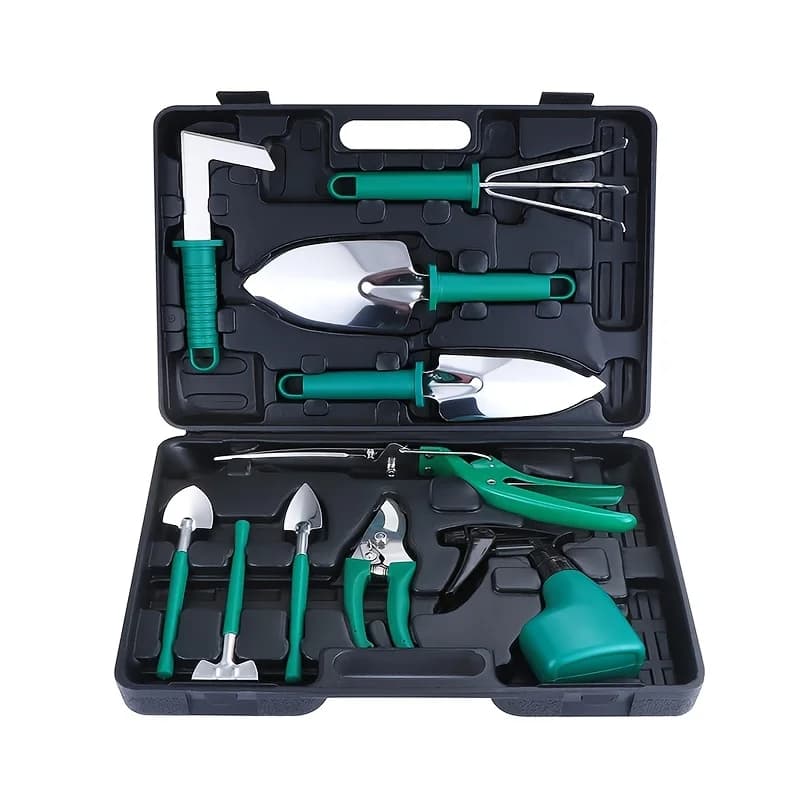 Multifunctional Home Gardening Tool Set Ergonomic Handle Stainless Steel Shovel Pruning Shear Rake Spray Bottle with Storage Box