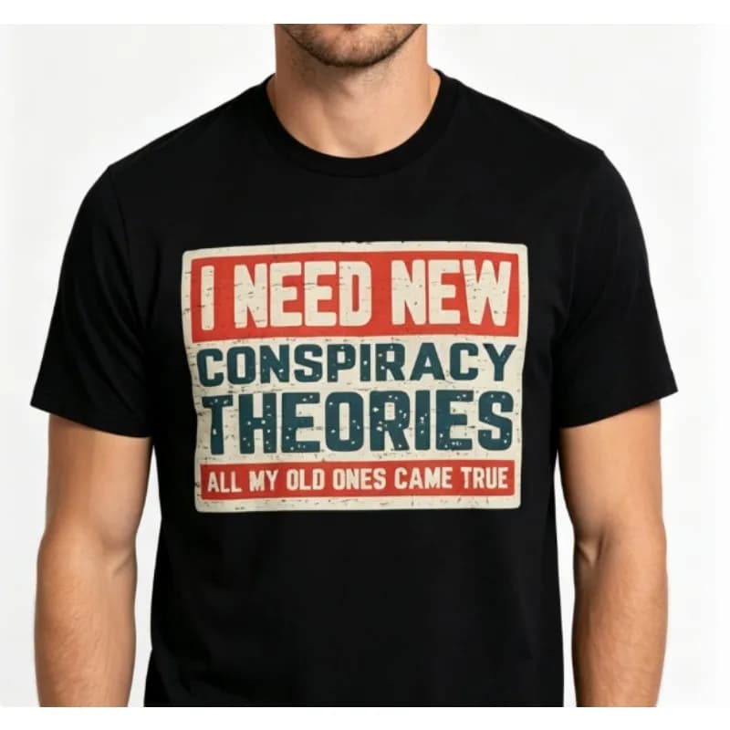 T-shirt grafica da uomo con la frase "I Need New Conspiracy Theories" - Questa maglietta casual nera con stampa rossa e bianca