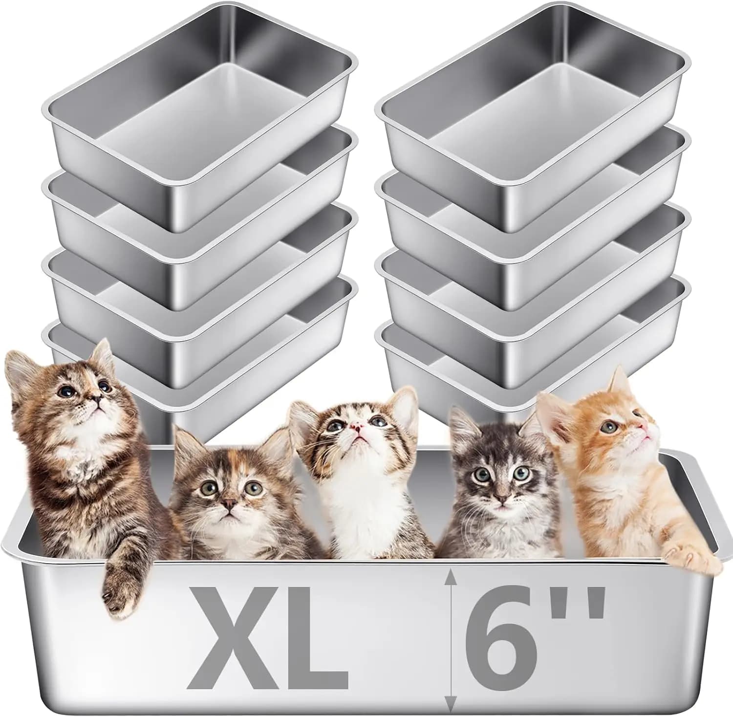 Set di 10 Lettiere in Acciaio Inox per Gatti, 23,5 x 15,5 x 6 Pollici, Lettiere in Metallo Extra Large Antiaderenti con