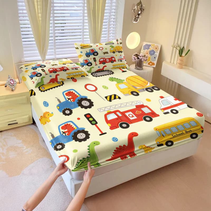 Print Fitted Sheet Set Cartoon Dinosaur Desert Truck Digital Bed Sheet Set Bedding Set No Fillers Soft Fabric Bedroom