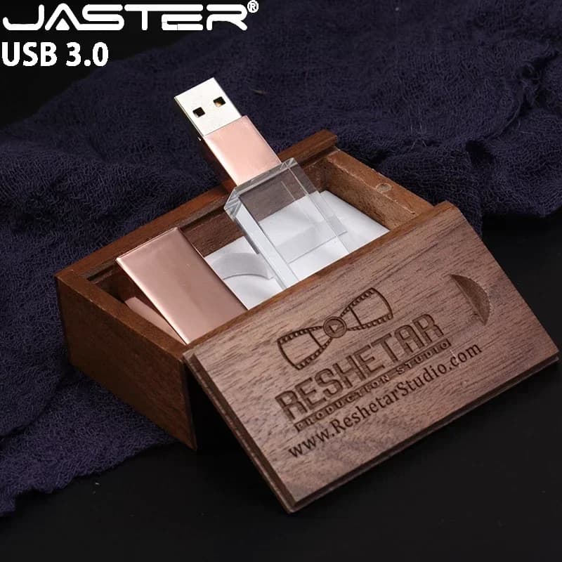 Fotografia creativa Regalo di nozze Chiavetta USB 3.0 128 GB Scatola di legno Chiavetta USB 64 GB Memory Stick in cristallo 32 GB Logo personalizzato dorato
