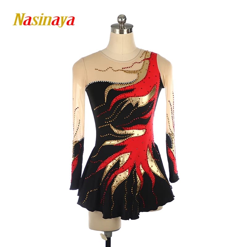 Abito per Pattinaggio Artistico, Costume da Competizione, Gonna da Ghiaccio per Ragazze, Donne e Bambini, Ginnastica, Rosso, Nero, Dorato