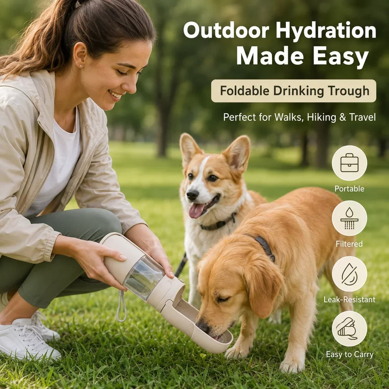 Dog Water Bottle with Built-in Food Container, 2-in-1 Portable Pet Travel Cup, Foldable Silicone Bowl for Outdoor Hiking Walking