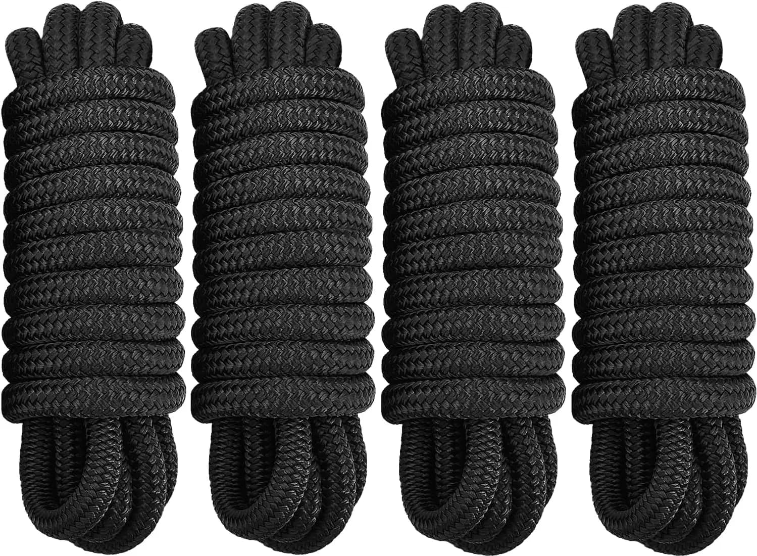 Confezione da 4 corde per barche in nylon marino da 1/2" x 20' con occhiello per l'attracco, alta resistenza, facile maneggevolezza, resistenti allo sfioramento - Nero