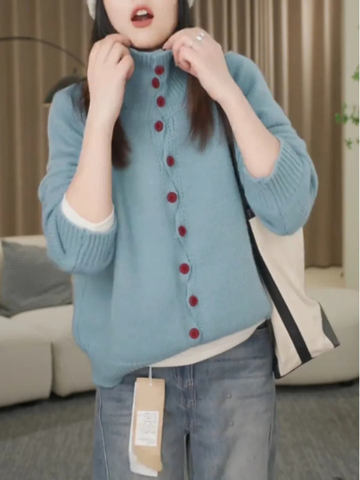 Cardigan Primaverile Oversize a Collo Alto in Maglia, Trendy e Comodo, Stile Coreano per Donna