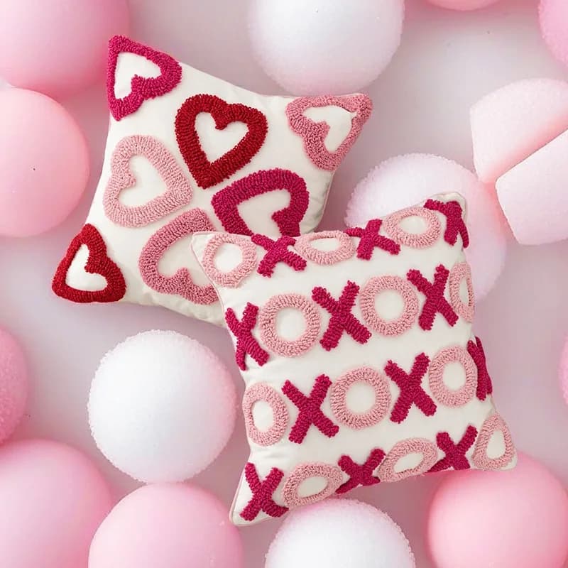 Pink Looped Tufted Embroidered Cushion Cover 45x45cm Geometric Heart-shaped Pillowcase Valentine's Day Wedding Room home Decor