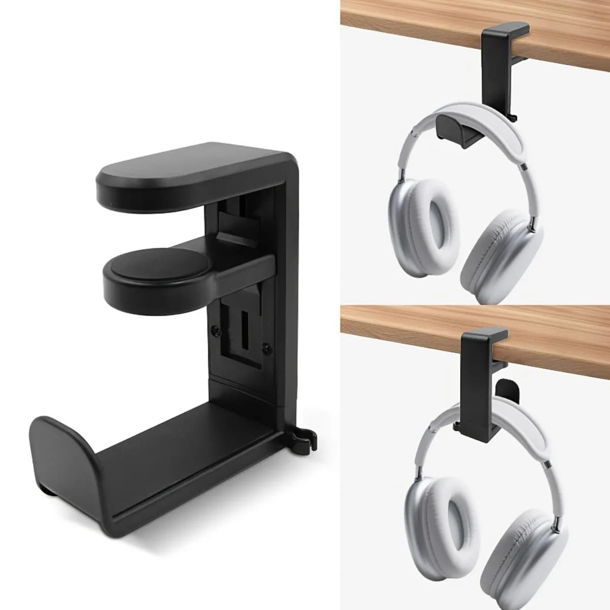 Undertable non perforated headphone stand with 360 degree rotation, hanging bracket, storage style headphone stand
