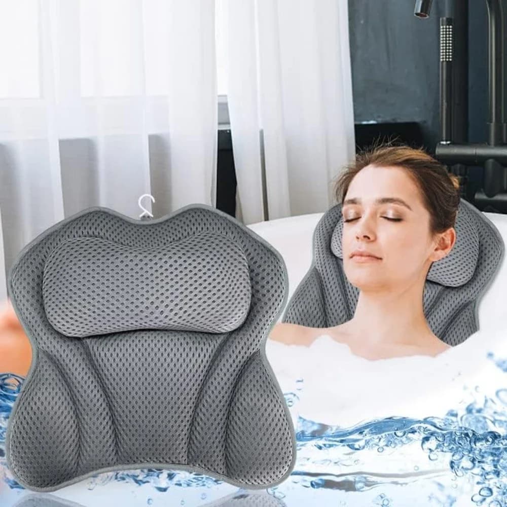 Cuscino da bagno grigio antiscivolo con ventosa per supporto per collo e schiena Rete 3D traspirante Vasca da bagno Spa Poggiatesta Fornitura per il bagno